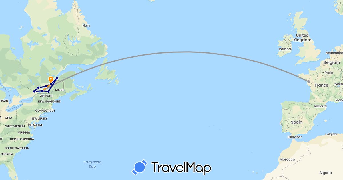 TravelMap itinerary: driving, plane, hitchhiking in Canada, France (Europe, North America)